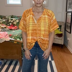 Anthropologie Yellow and Orange Plaid Blouse